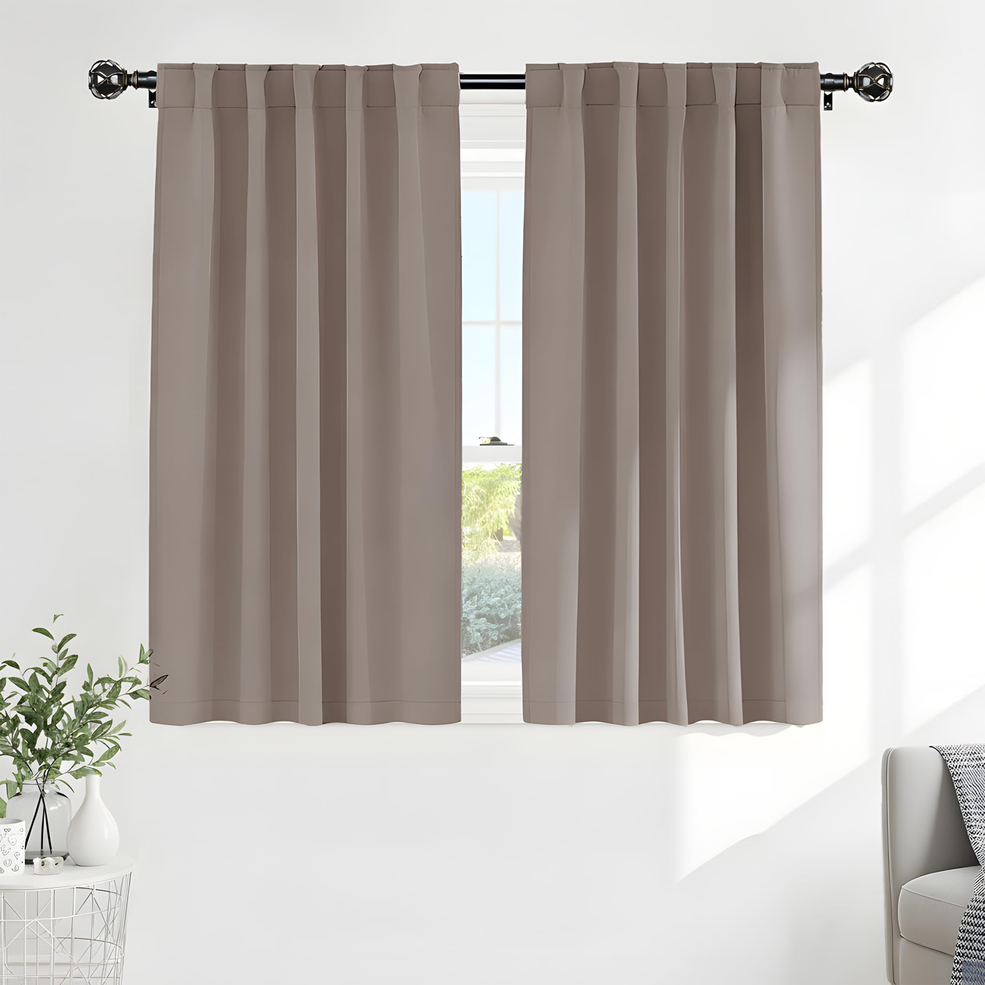PONY DANCE Blackout Window Curtains - Back Tab Window Treatments Curtain Panels/Draperies Room Darkening Noise Reducing Home Fashion, Wide 42 x Long 45 inches, Light Taupe, One Pair