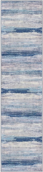 KOZYFLY Modern Abstract Washable Rug Runner 2.6x10 Hallway Rug Runner Non-Slip Soft Kitchen Runner Rugs, Blue/Grey/Beige Striped Carpet for Entryway Bathroom Laundry Room Foyer