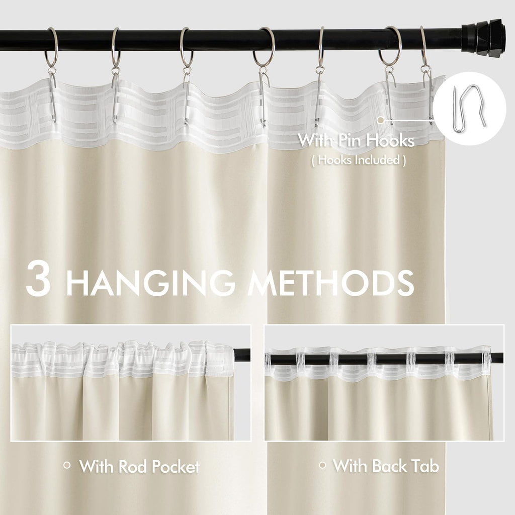 MIULEE Beige White Back Tab Blackout Curtains 52x72 Inches Long 2 Panel Set