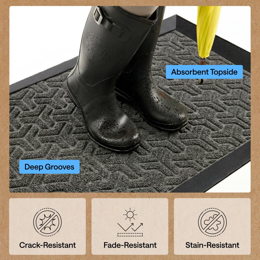 GORILLA GRIP 100% Waterproof All-Season WeatherMAX Doormat 35x23, US Designed Natural Rubber, Stain and Fade Resistant, Low Profile Indoor Outdoor Door Mats, Easy Clean Patio Mat, Slate Geometric