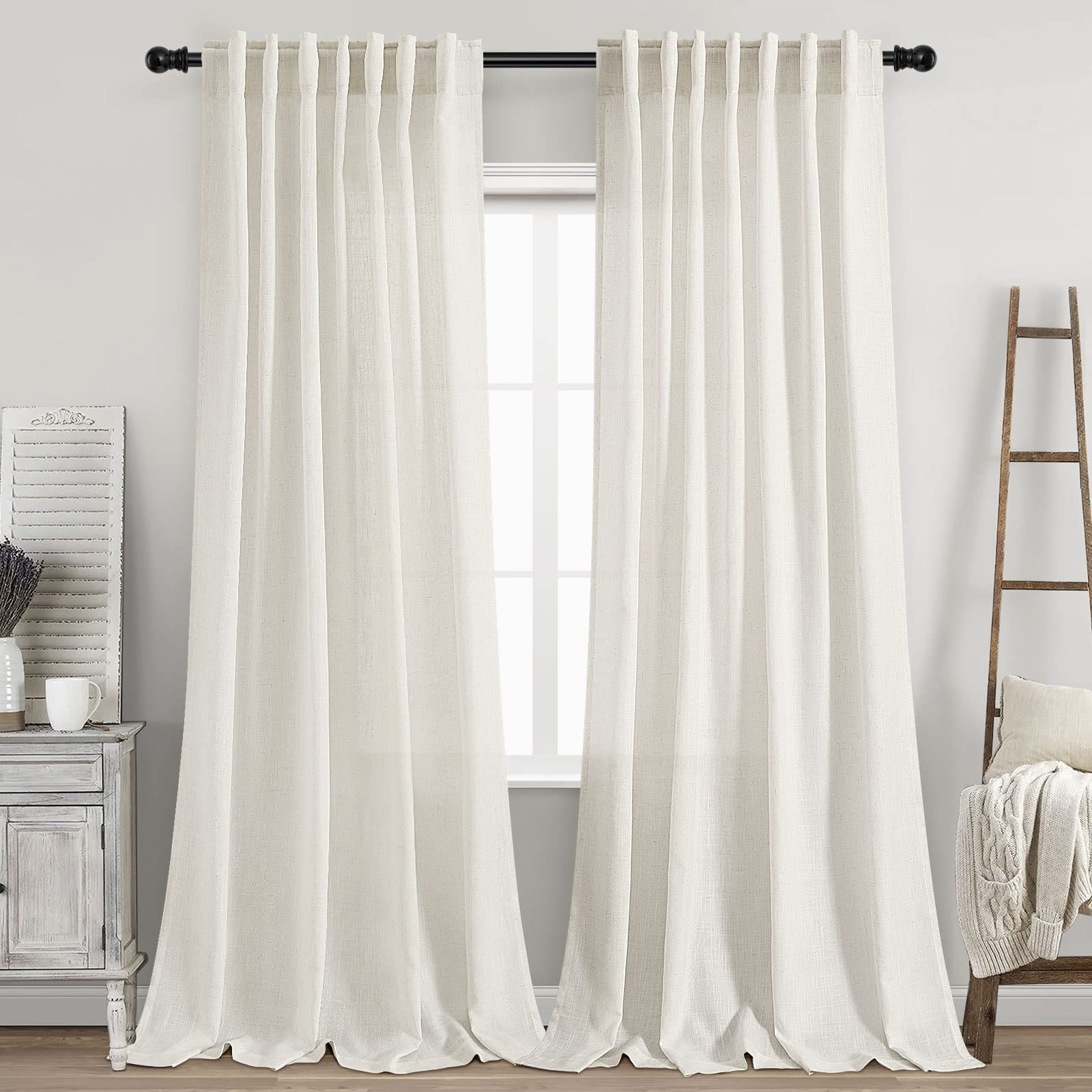 2 Panels Set Cream Linen Curtains 100 inches Long for Living Room Extra Long Back Tab Curtains Neutral Farmhouse Light Filtering Semi Sheer Linen Drapes Ceiling to Floor for Large Window Ivory