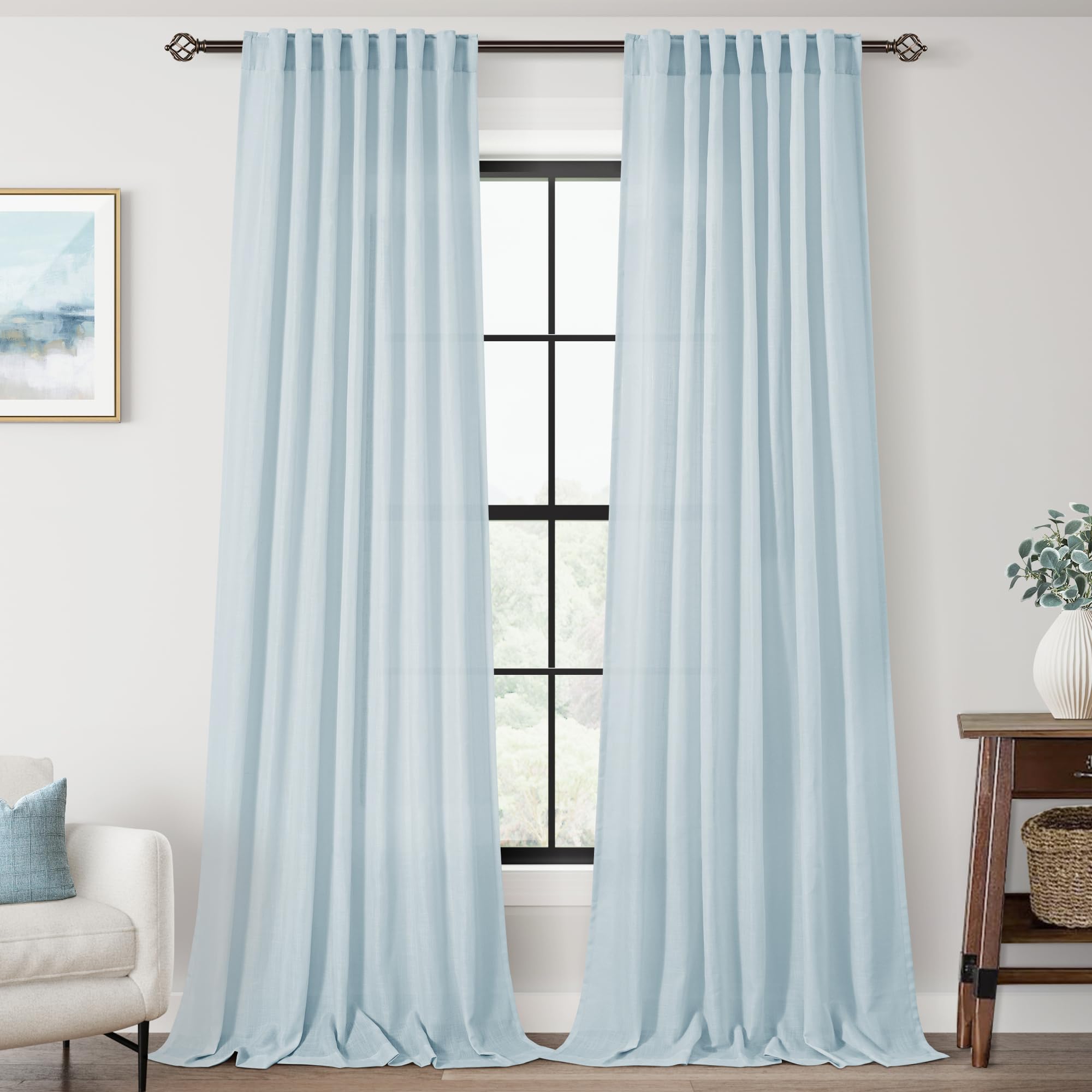 Jolilight Sky Blue Curtains 120 inch Length for Bedroom Back Tab Light Filtering Semi Sheer Blue Living Room Curtains Linen Cotton Textured Drapery Panel Aesthetic Decor Light Blue 52x120