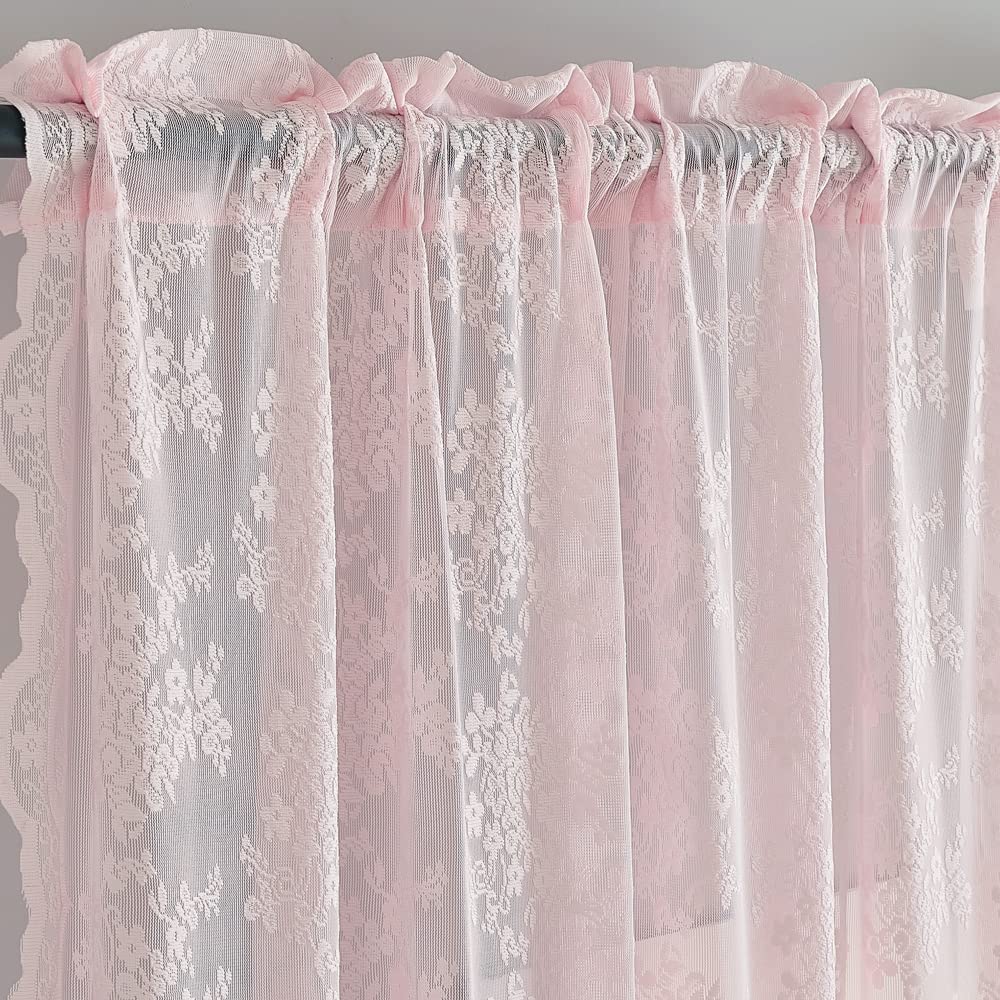 YJ YANJUN Vintage Lace Curtains 84 Inches Long- Pretty Pastel Floral Pink Sheer Curtain Panels for Living Room Girl Bedroom,Light Filtering, Cute Princess Girls Room Drapes 2 Panels 52W x 84L