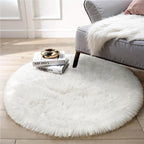 Round Fur Fluffy Area Rug for Bedroom, White Faux Fur Rugs Furry Circle Rug for Kids Room, Cute Furry Nursery Carpet, Plush Shag Circular Rugs Floor Carpets for Teen Girl Room, 3x3 Ft