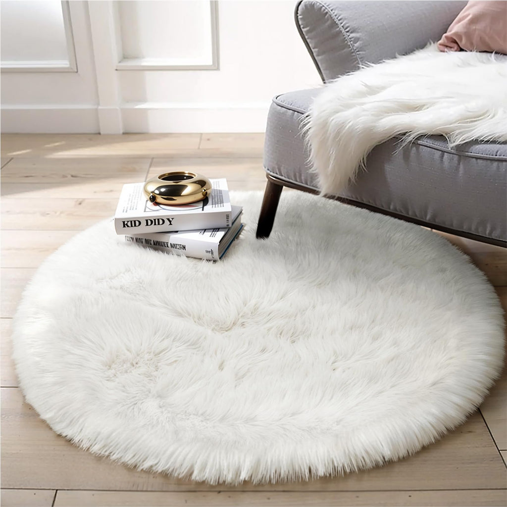 Ciicool White Fluffy Round Fur Area Rug for Bedroom, Circle Faux Fur Rugs