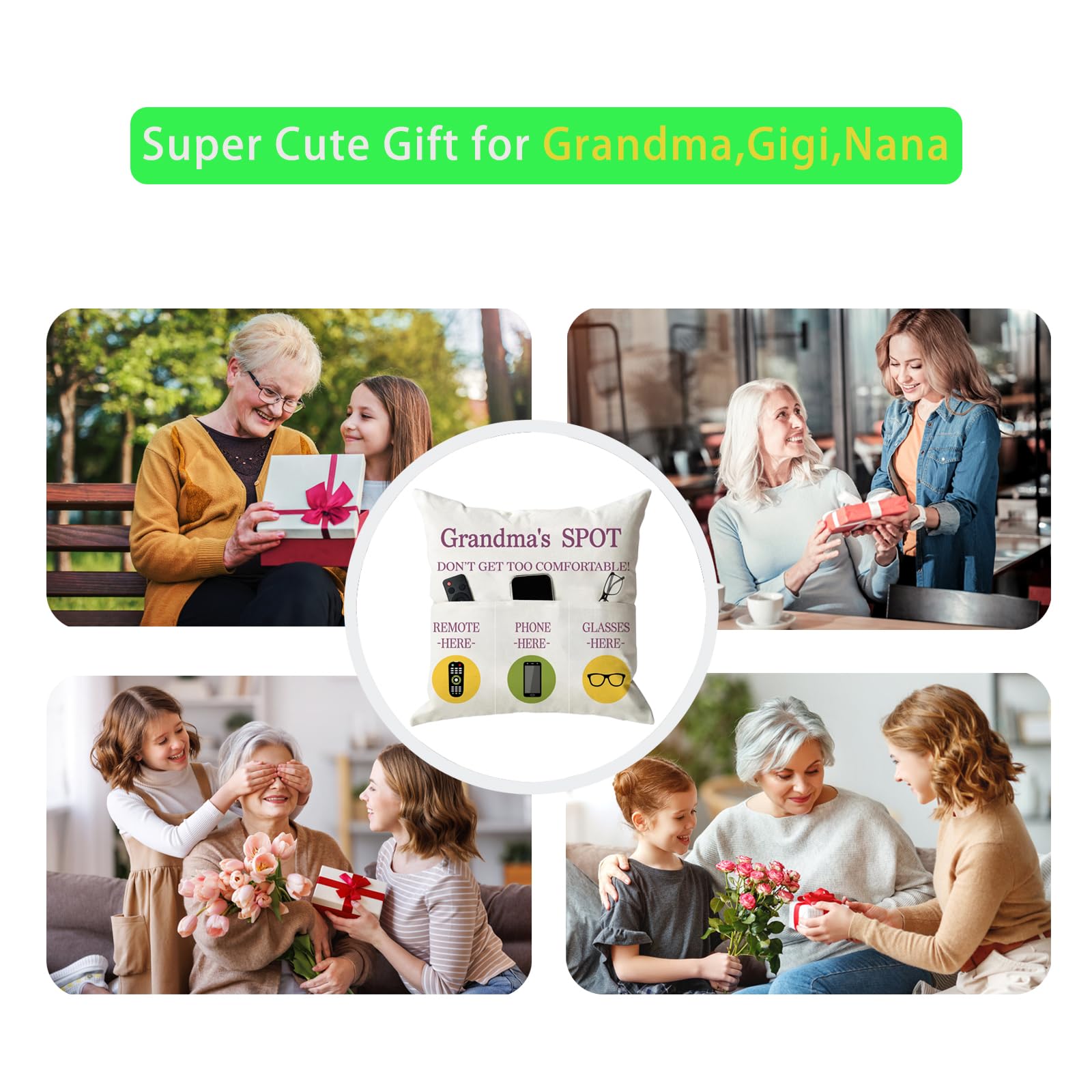 ONFAON Grandma Gifts, Grandma's Spot Throw Pillow Covers 18x18 Inch,Put Phone Glasses and Remote Control Pillowcase,Birthday Christmas Thanksgiving Day Gifts for Grandma Mom,3-Pocket