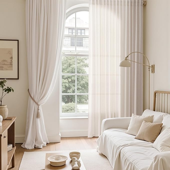 Ivory White Linen Curtains 90 inch for Living Room Back Tab Rod Pocket Semi Sheer Cotton Textured Gauze Curtain Modern Farmhouse Coastal Decor 90 inches for Dining Room Office