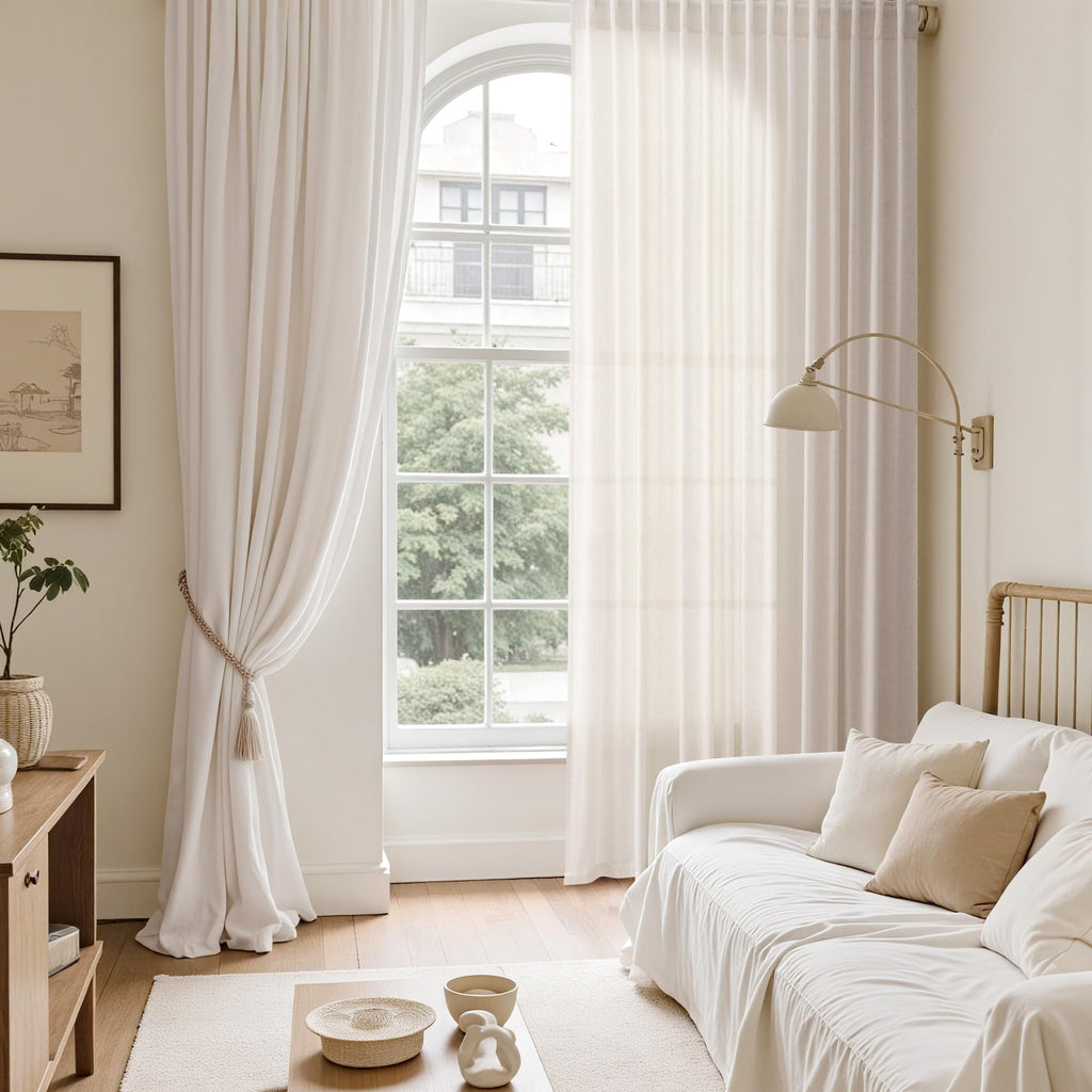 Ivory White Linen Back Tab Curtains 84 Inch Length for Bedroom/Living Room 2 Panel Set Neutral Modern Farmhouse Window Privacy Semi Sheer Linen Drapes Rustic Pinch Curtain Ivory 52X84
