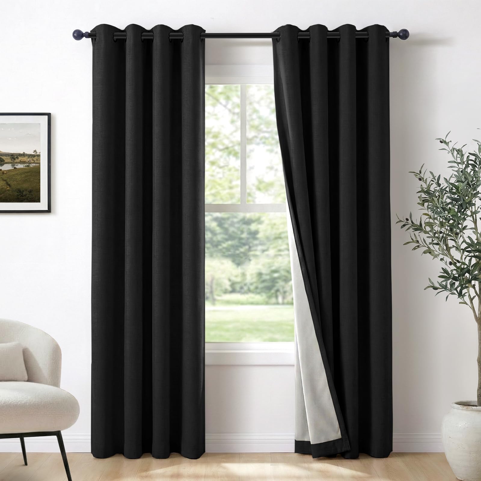 100% Blackout Linen Curtains 108 Inch Long 2 Panels Set, Oatmeal