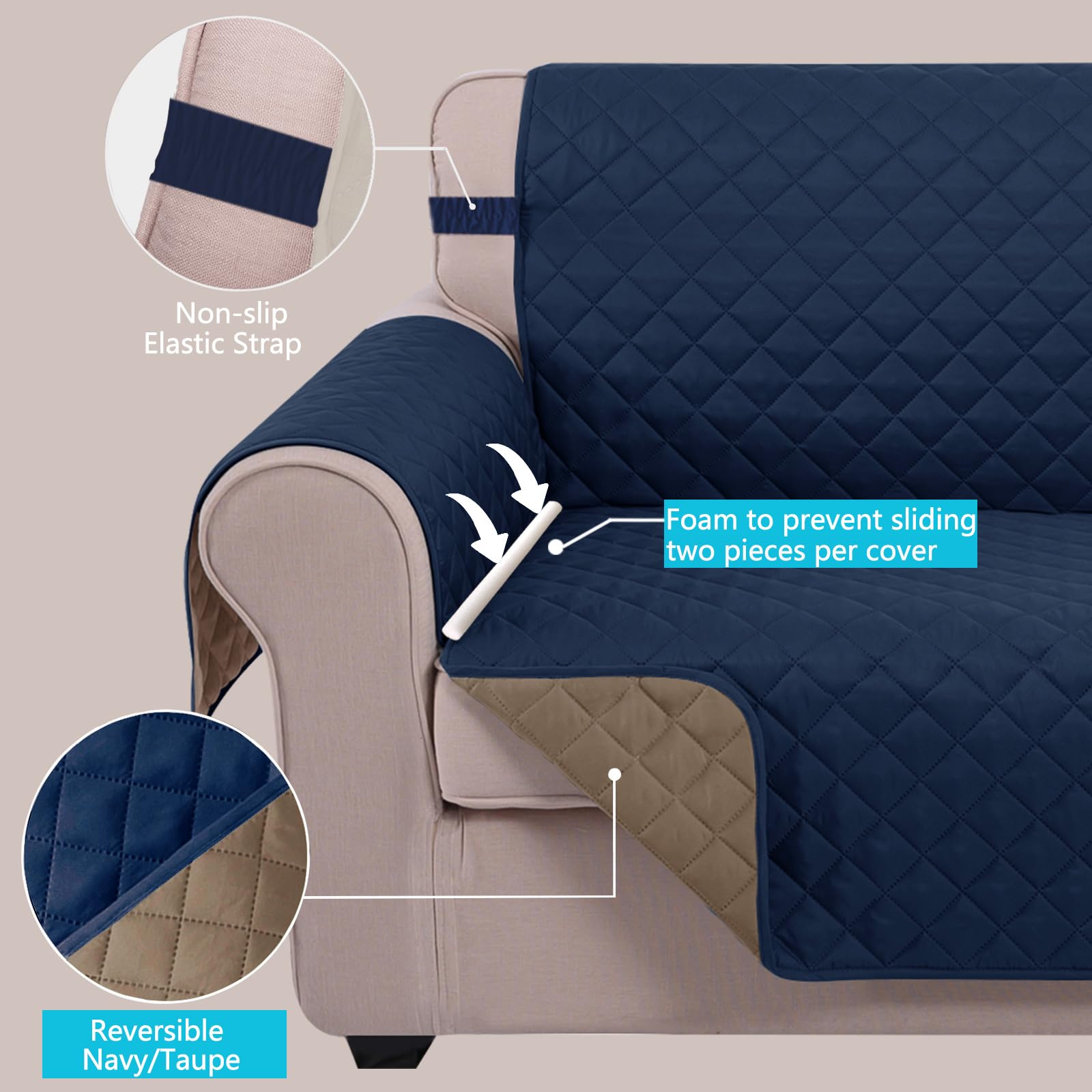 U-NICE HOME Reversible Sofa Cover Couch Cover for Dogs, Navy/Taupe