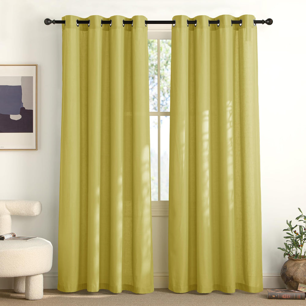 NICETOWN Bright Yellow Linen Curtains for Kitchen, Thick Flax Small Window Treatments Semi Sheer Privacy Assured with Light Through for Cafe/Bathroom, W55 x L84, 2 Panels