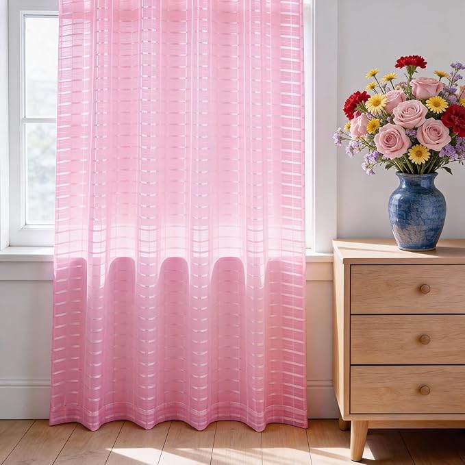 SpaceDresser Check Sheer Curtains 72 Inches 2 Panels Set, Rod Pocket Plaid Window Curtain for Living Room, Pink Semi Sheer Drapes for Kitchen Bedroom Children Room Yard（Pink, 52W x 72L）