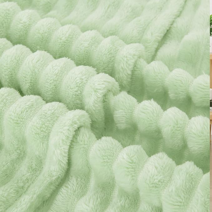Cream Green Fleece Throw Blanket 60”×80” for Couch Sofa Livingroom