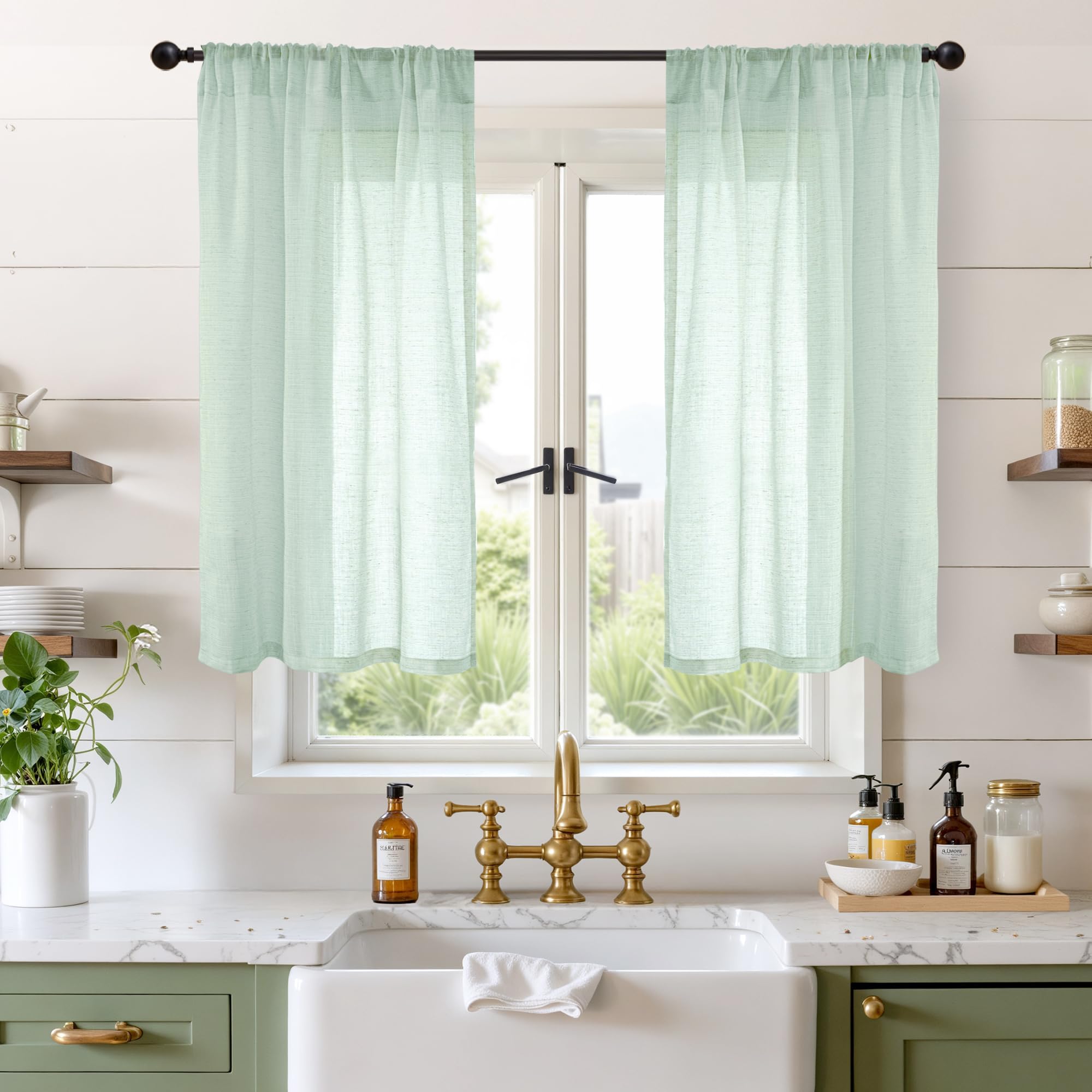 BGment Light Green Linen Curtains 45 Inch Length - Small Window Drapes Lightweight with Rod Pocket for Bathroom Kitchen Window Spring Decor, 2 Panels Set, 30 X 45 Inch