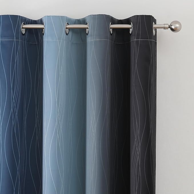 Navy Blue and Black Ombre Blackout Curtains for Bedroom 63 Inch Length