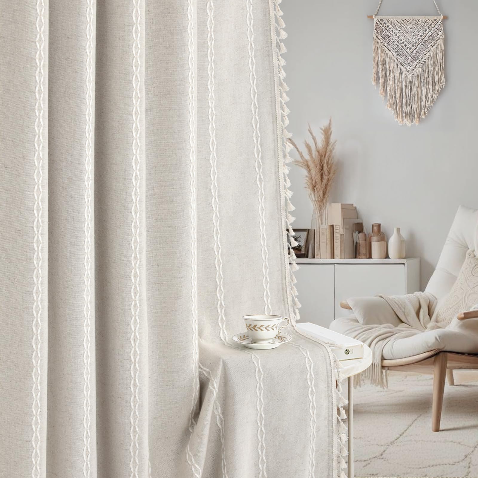 XOGUIBO 80% Boho Blackout Curtains 84 Inch Linen Blend Drapes 2 Panels