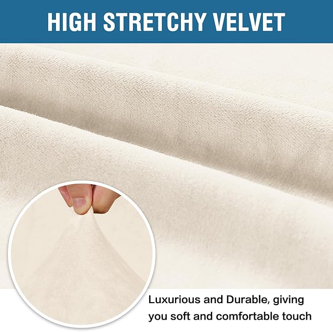 H.VERSAILTEX Stretch Velvet Loveseat Covers for 2 Cushion Couch Covers for Living Room Sofa Covers with Non Slip Straps Bottom, Ultra Thick Comfy Velour (Width 58"-72", Cream)