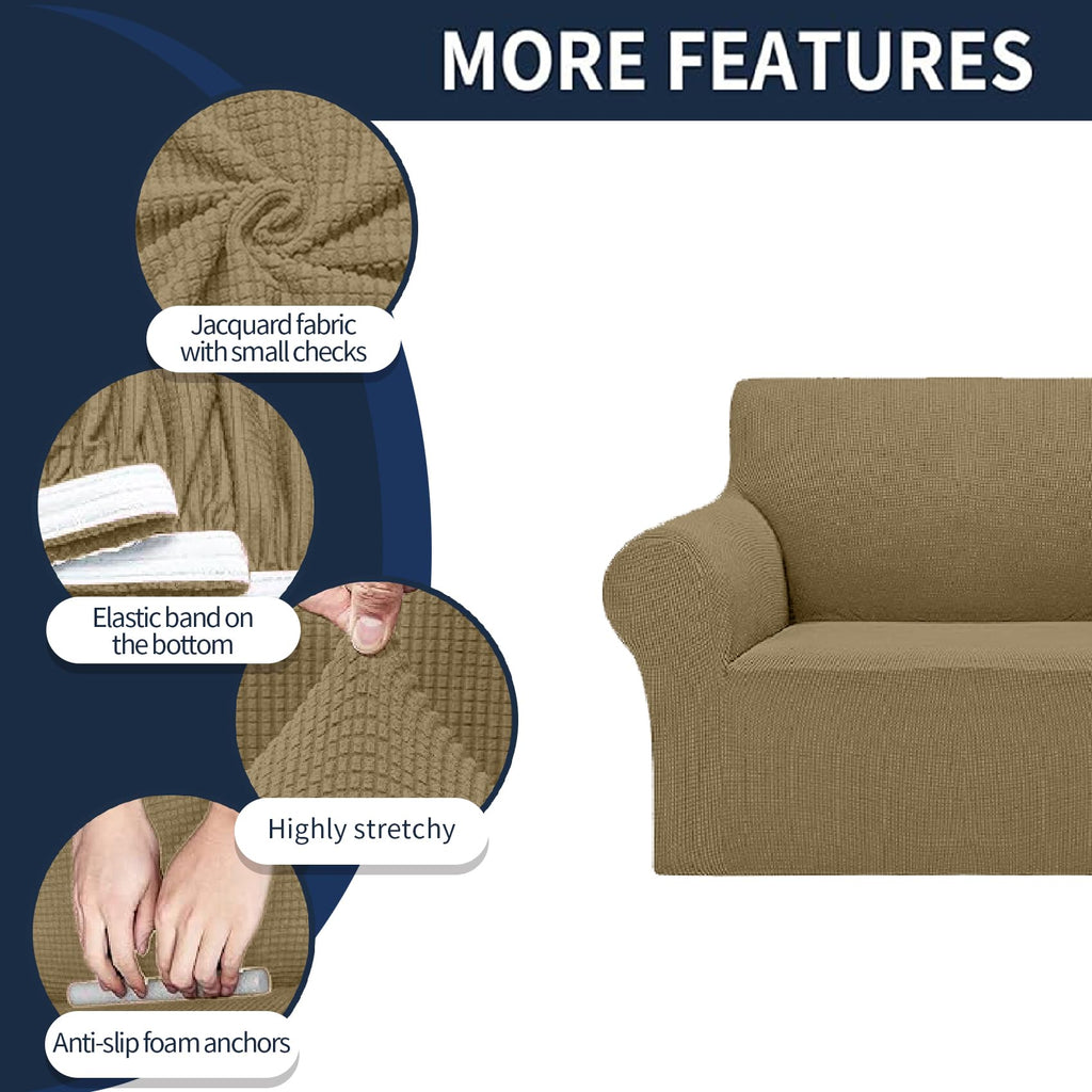 Cupuamon 2026 New Stretch Sofa Slipcovers Couch Cover for 3 Cushion Furniture Protector Sofa Covers with Elastic Bottom Jacquard Fabric Small Checks for Pets, Kids -Sofa, Tan