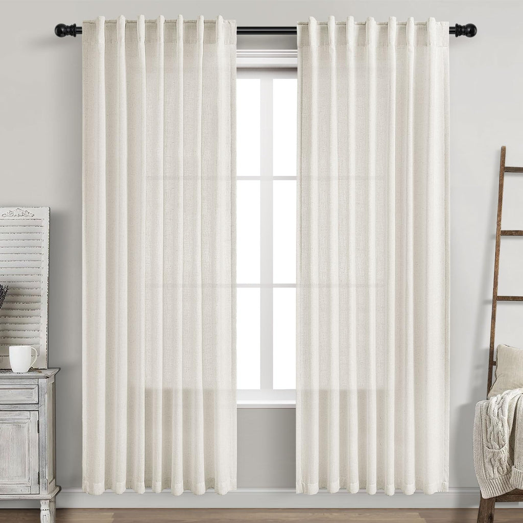 Cream Linen Curtains 80 inch Length for Bedroom Back Tab Light Filtering Privacy Sheer Curtains Modern Farmhouse Coastal Decor Cream Cotton Textured Gauze Curtain 2 Panel Set 52x80