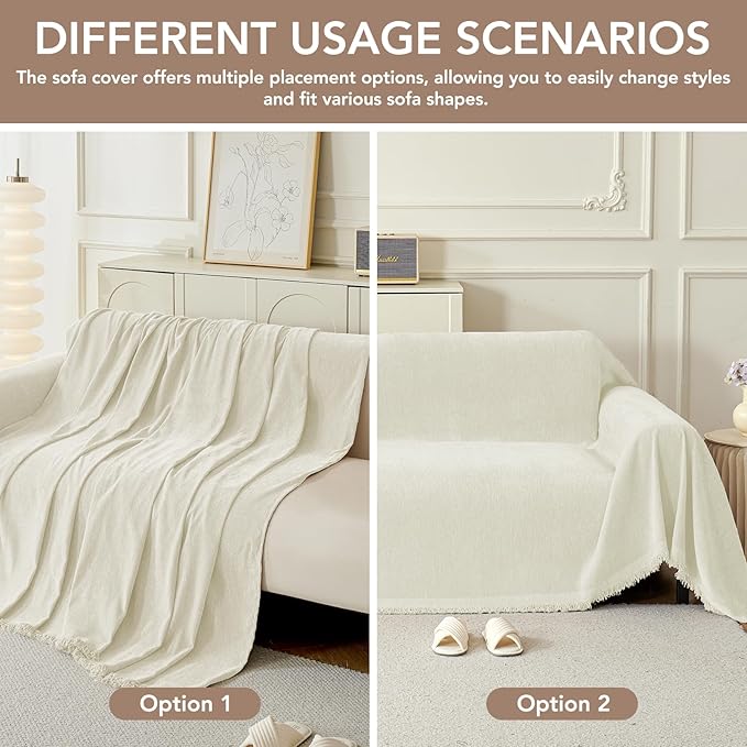 Couch Cover for Dogs, Boho Sofa Covers for 3 Cushion Couch, Chenille Sofa Slipcover for Pets Washable, L-Shape Sectional Couch Loveseat Cover Soft Throw Blankets with Tassels(71x118,Cream)