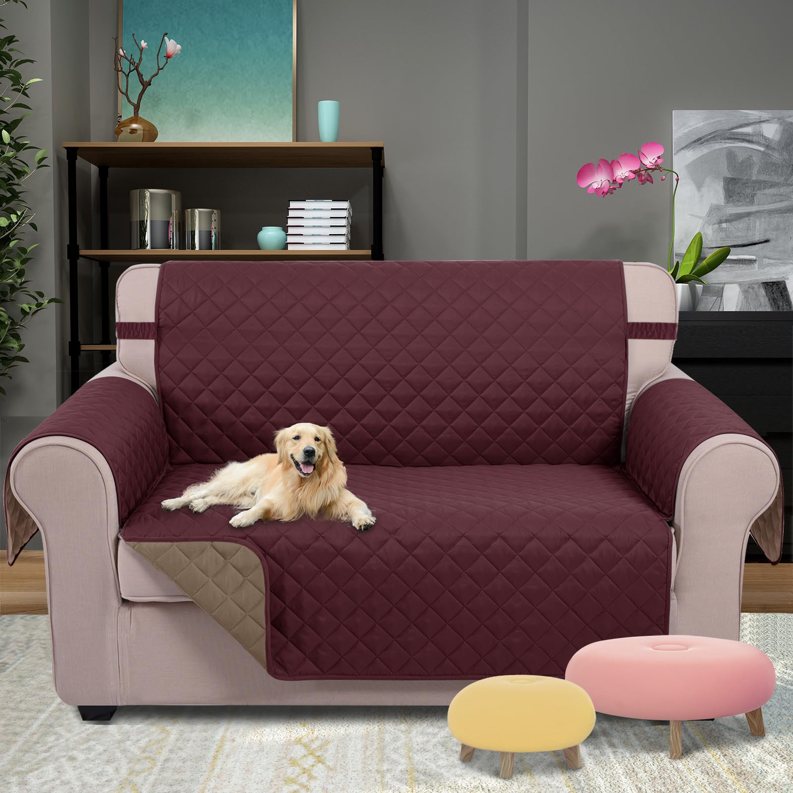 U-NICE HOME Loveseat Sofa Cover for 2 Cushion Couch, Burgundy/Tan
