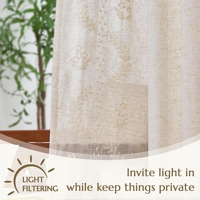 jinchan Belrose Linen Curtains for Bedroom Floral Curtains 108 Inch Length Linen Blend Ivory Embroidered Drapes Farmhouse Flower Patterned Drapes for Living Room Window Treatments Set 2 Panels