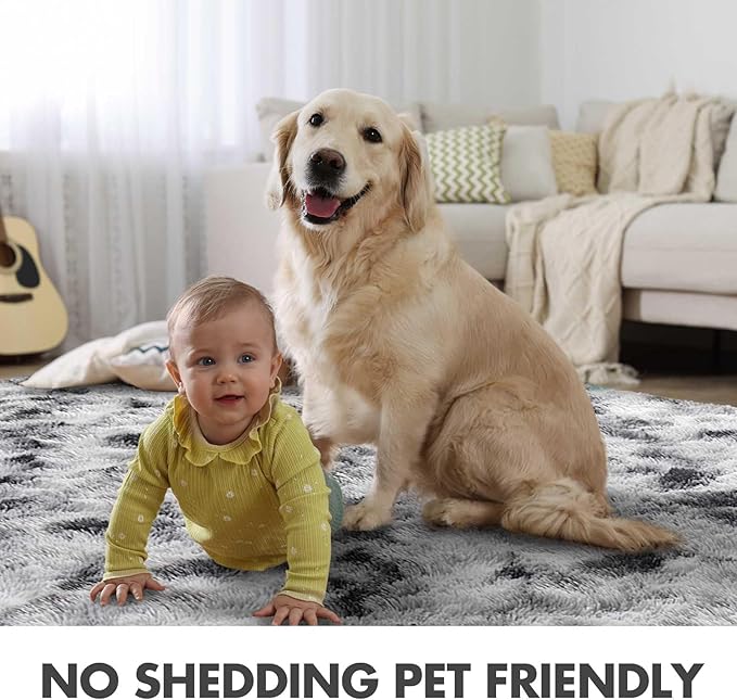 4x6 Ft Shag Area Rug for Bedroom Living Room, Tie-Dyed Ultra Soft Fluffy Furry Rugs for Indoor Floor, Aesthetic Carpet for Kids Home Decor (Black White)
