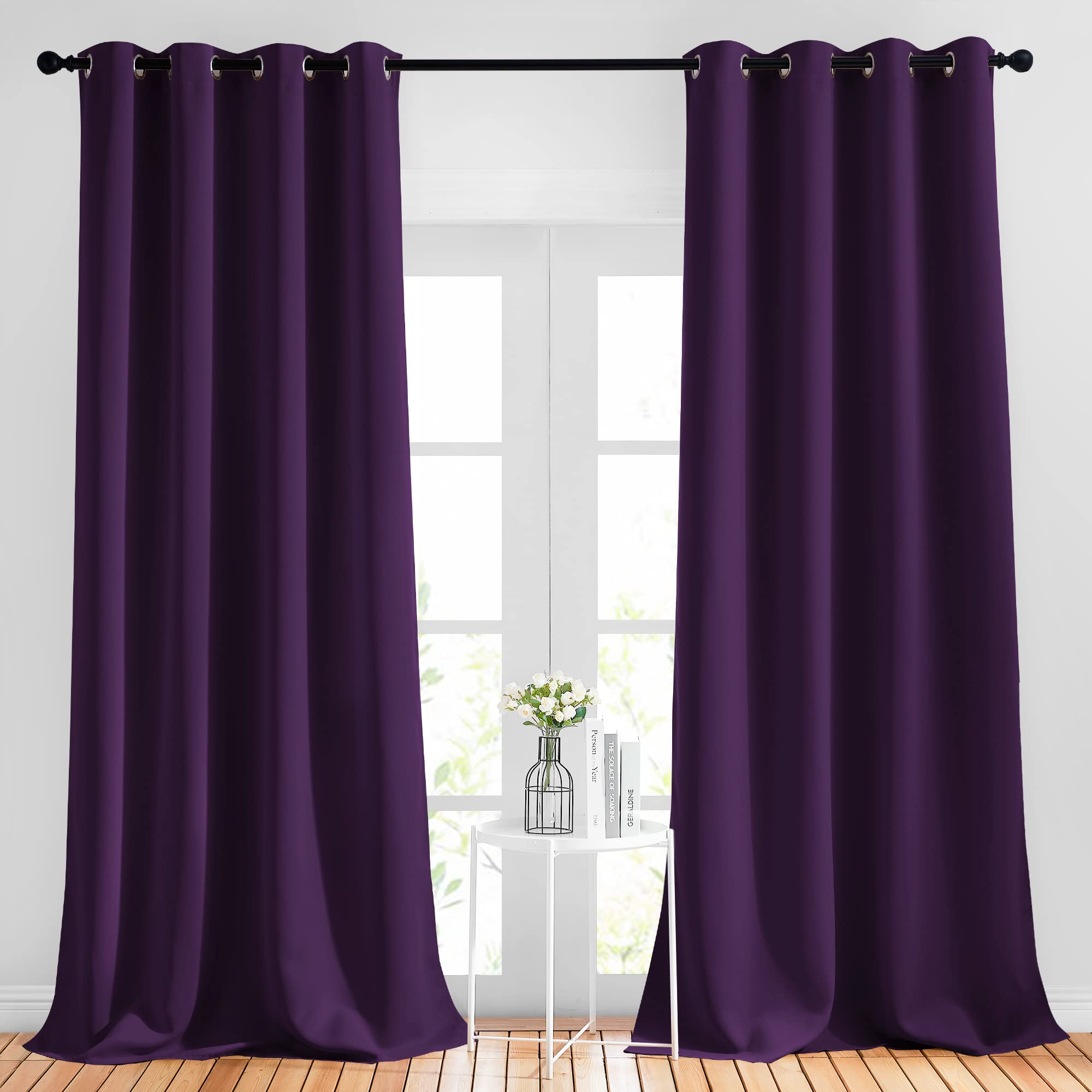 NICETOWN Insulated Curtains Blackout Draperies - Window Treatment Royal Purple Blackout Eyelet Top Curtains/Panels for Bedroom/Living Room Window, 95 inches Long, 2 Panel Set