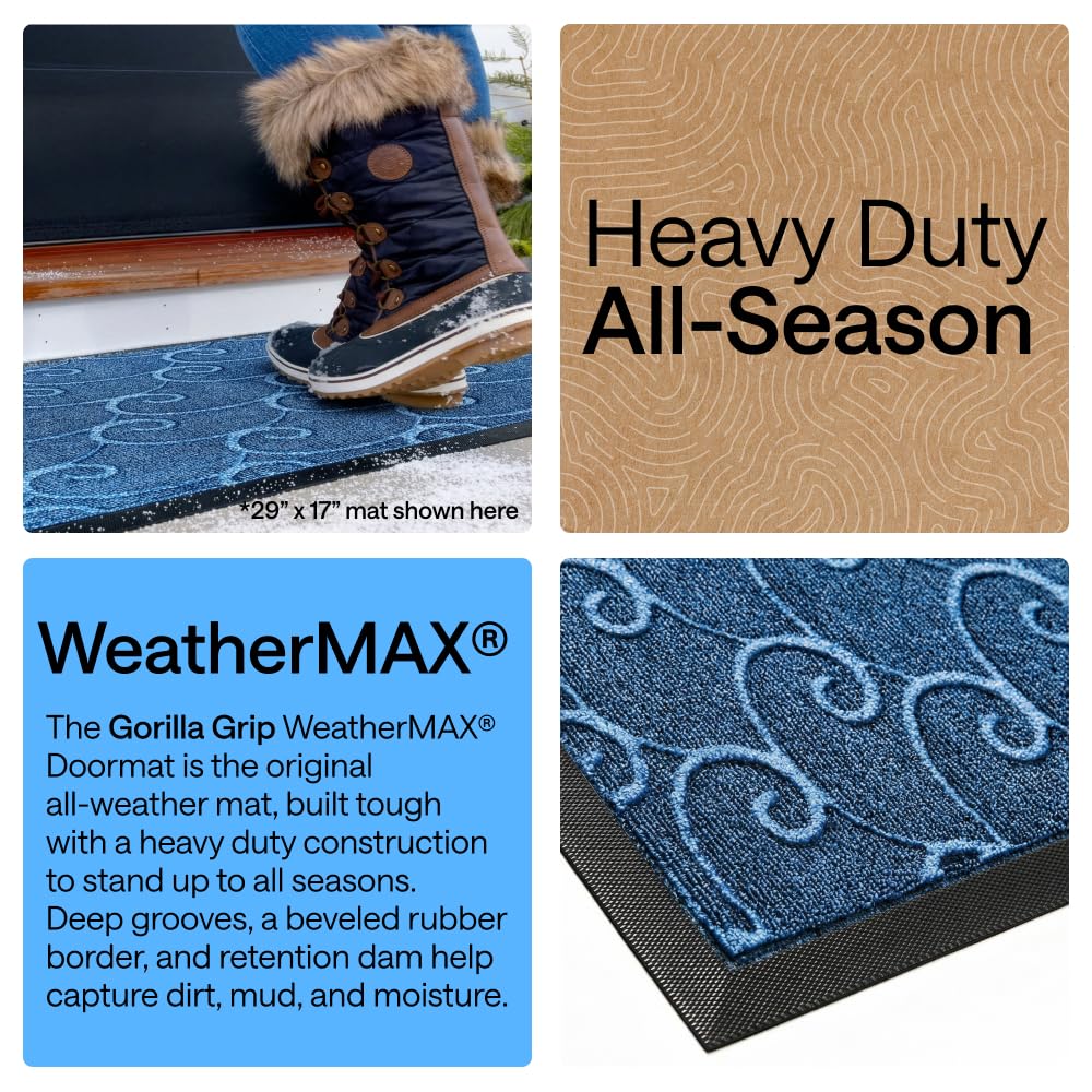 GORILLA GRIP 100% Waterproof All-Season WeatherMAX Doormat 35x23, US Designed Natural Rubber, Stain and Fade Resistant, Low Profile Indoor Outdoor Door Mats, Easy Clean Patio Mat, Ocean Blue Waves