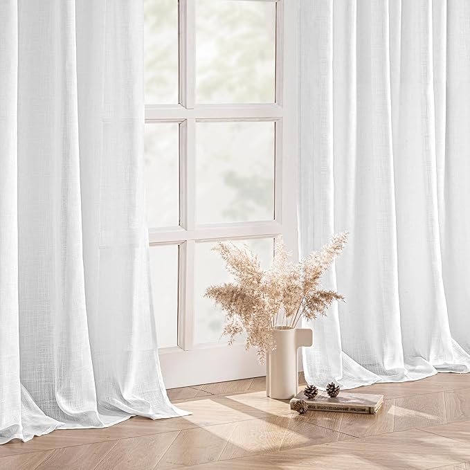 MIULEE White Linen Curtains 86 Inch Long 2 Panels for Bedroom Living Room