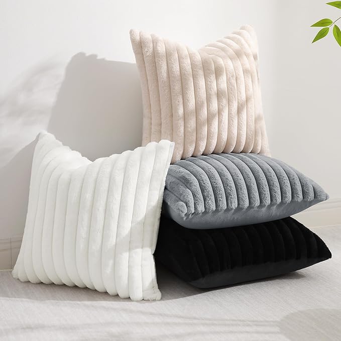decorUhome Cozy Faux Fur Throw Pillow Covers 18x18 Set of 2 Decorative Soft Plush Striped Modern Farmhouse Boho Couch Pillow Cases with Velvet Back for Sofa Bed Living Room, Black