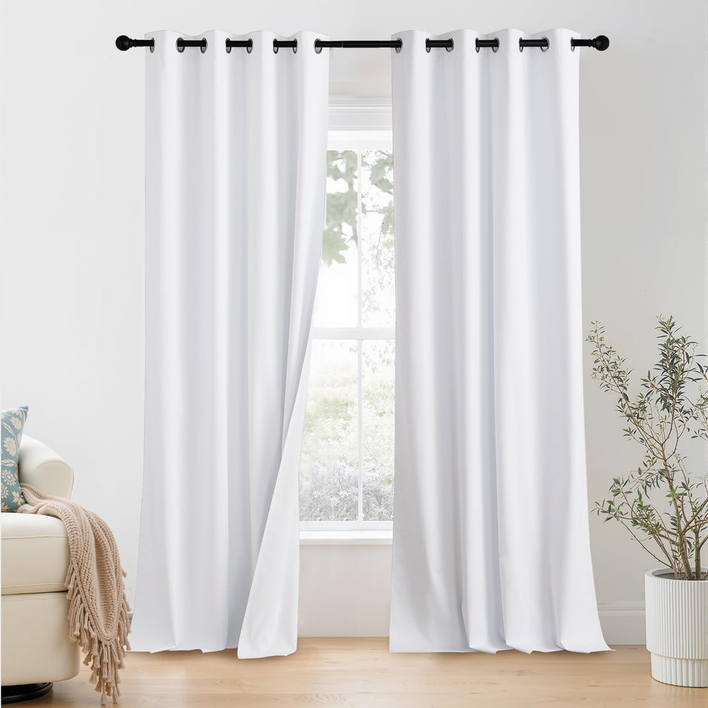 NICETOWN 100% Blackout Window Curtain Panels 102 inch Length for Living Room, Set of 2, Snow White, 55 inches Wide, Thermal Insulated Extra Long Drapes