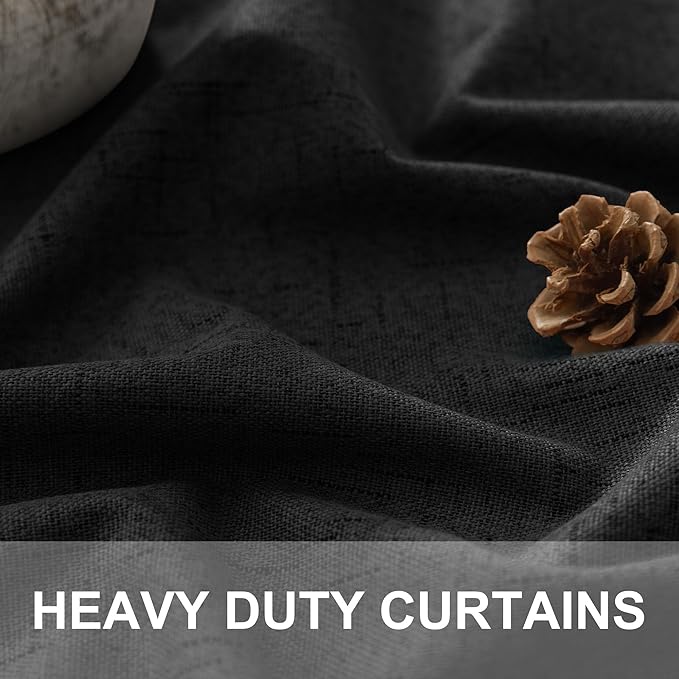 Black Curtains 84 Inches Long for Bedroom 2 Panel Set Linen Textured Total Blackout Thermal Insulated Darkening Dark Curtains Black Out Shades for Living Room Floor Length Window Drape Back Tab Pocket