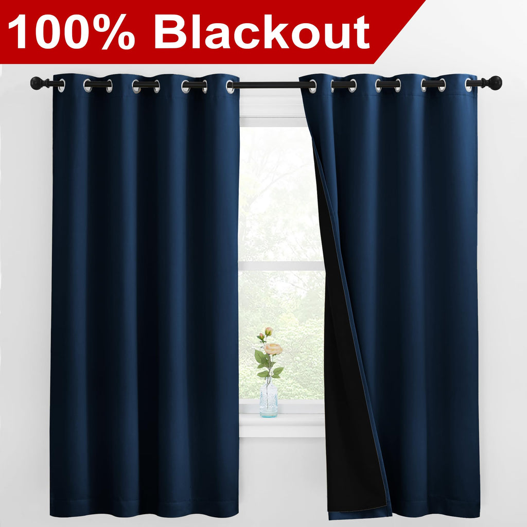 NICETOWN 100% Blackout Curtains with Black Liners, Thermal Insulated Full Blackout 2-Layer Lined Drapes, Energy Efficiency Window Draperies for Bedroom (Moroccan Blue, 2 Panels, 55" W by 68" L)