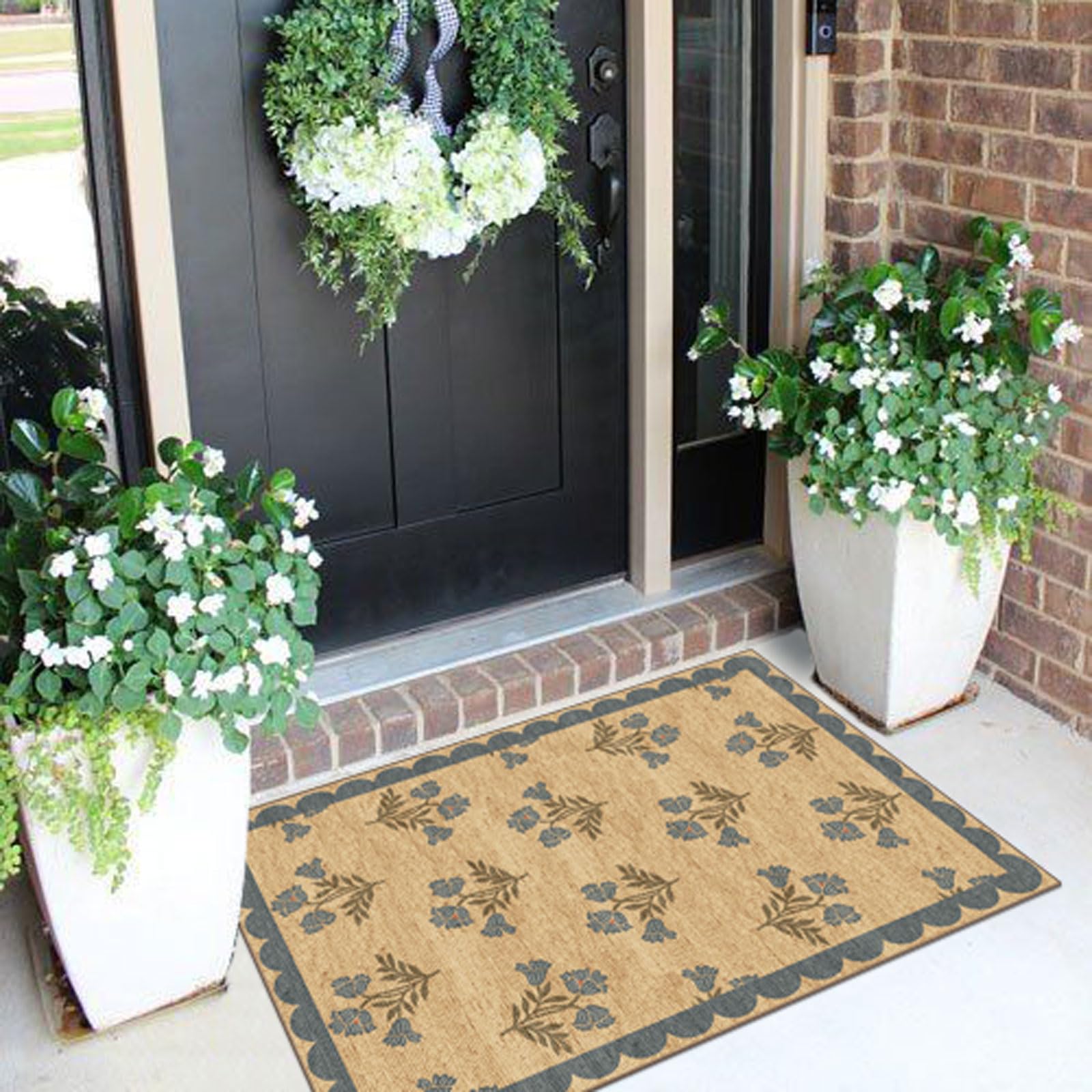 Othilic Front Door Mat Outside Entrance - 2x3 Floral Non-Slip Washable Doormat Indoor Outdoor Mat Jute-Look Farmhouse Blue Scalloped Entry Rug Small Throw Rugs for Entryway Kitchen Front Porch Decor