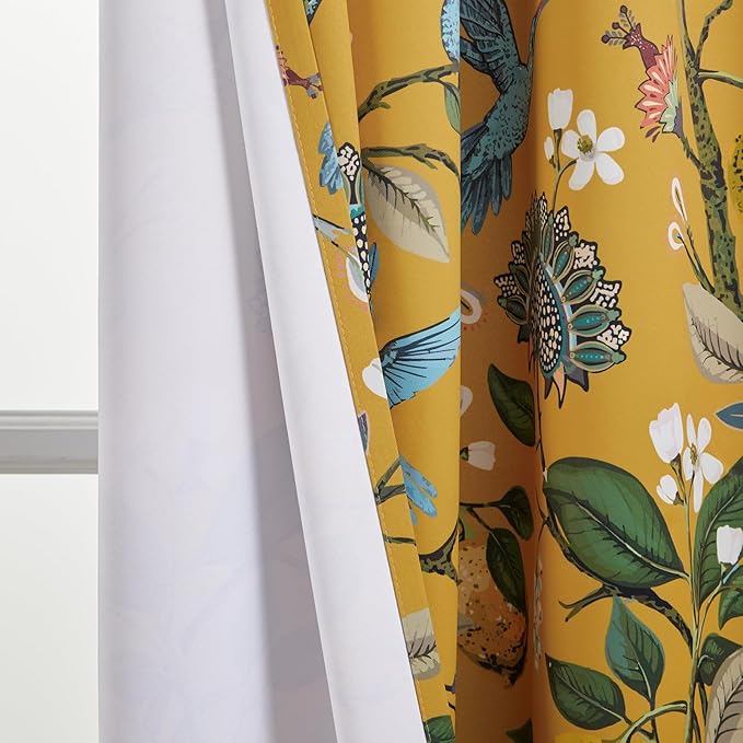 Extra Long 108 Inches Curtains for Large Window Luxury Mustard Yellow Floor To Ceiling Blackout Vintage Floral Hummingbird Fancy Grommet Drop Cloth Damask Drape for Living Room Dining 2 Pages 9FT