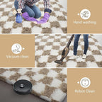 Checkered Area Rugs for Bedroom 5x8, Fluffy Beige and White Checkered Rug Fuzzy Shag Shaggy Carpets for Living Room, Soft Plush Furry Rug for Boy Girls Room Dorm Home Decor