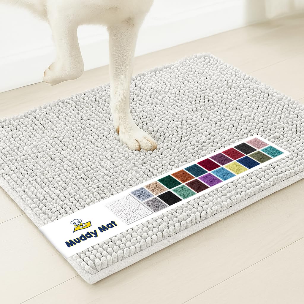 Muddy Mat® | Super Water Absorbent Door Mat Indoor, Microfiber Quick Dry Chenille Entryway Rug, Slip Resistant Front Door Mat, Indoor Mats for Entryway, Machine Washable Pet Rug, White 24"x36"