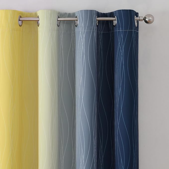 Estelar Textiler Navy Blue and Yellow Blackout Curtains 54 Inch Length, Full Light Blocking Gradient Grommet Drapes for Living Room, Thermal Insulated Ombre Curtains for Bathroom,52Wx54L,2 Panels