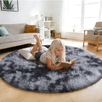 Tie-Dyed Black Fluffy Round Rug,Small Area Rugs,Shaggy Rugs 3'X3'