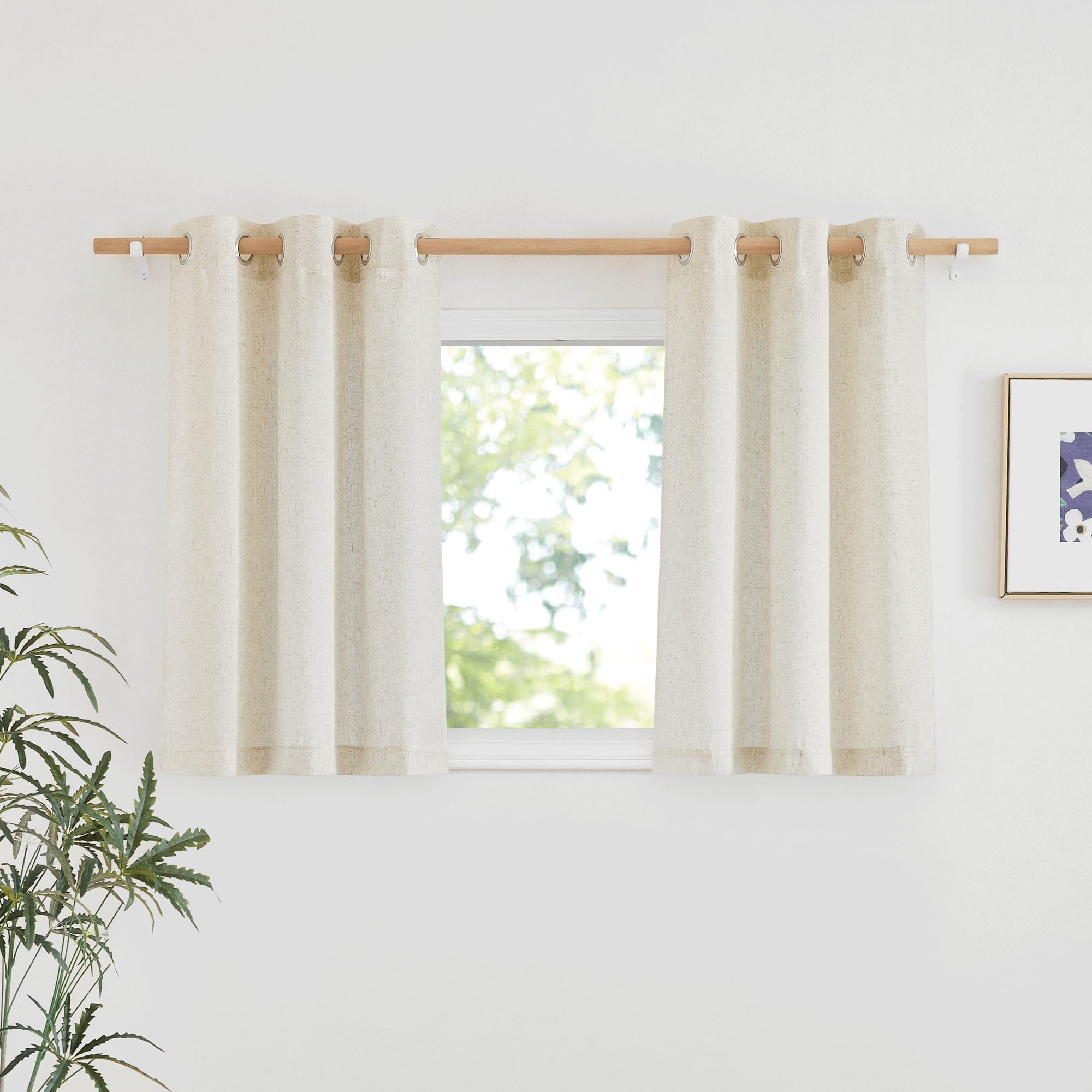 NICETOWN Natural Linen Kitchen Window Curtains Over Sink, Grommet Thick Linen Burlap Short Window Treatments Privacy Assured with Light Filtering for Bedroom/Bathroom, W34 x L36, 2 Panels