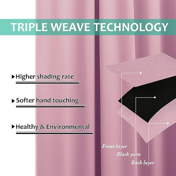 NICETOWN Total Shade Curtains and Draperies, Heavy-Duty Full Light Shading Drapes with Black Liner Backing for Villa/Hall/Dorm Window（Crystal Pink, Package of 2 Panels, 62 inches Wide x 95 inches Long