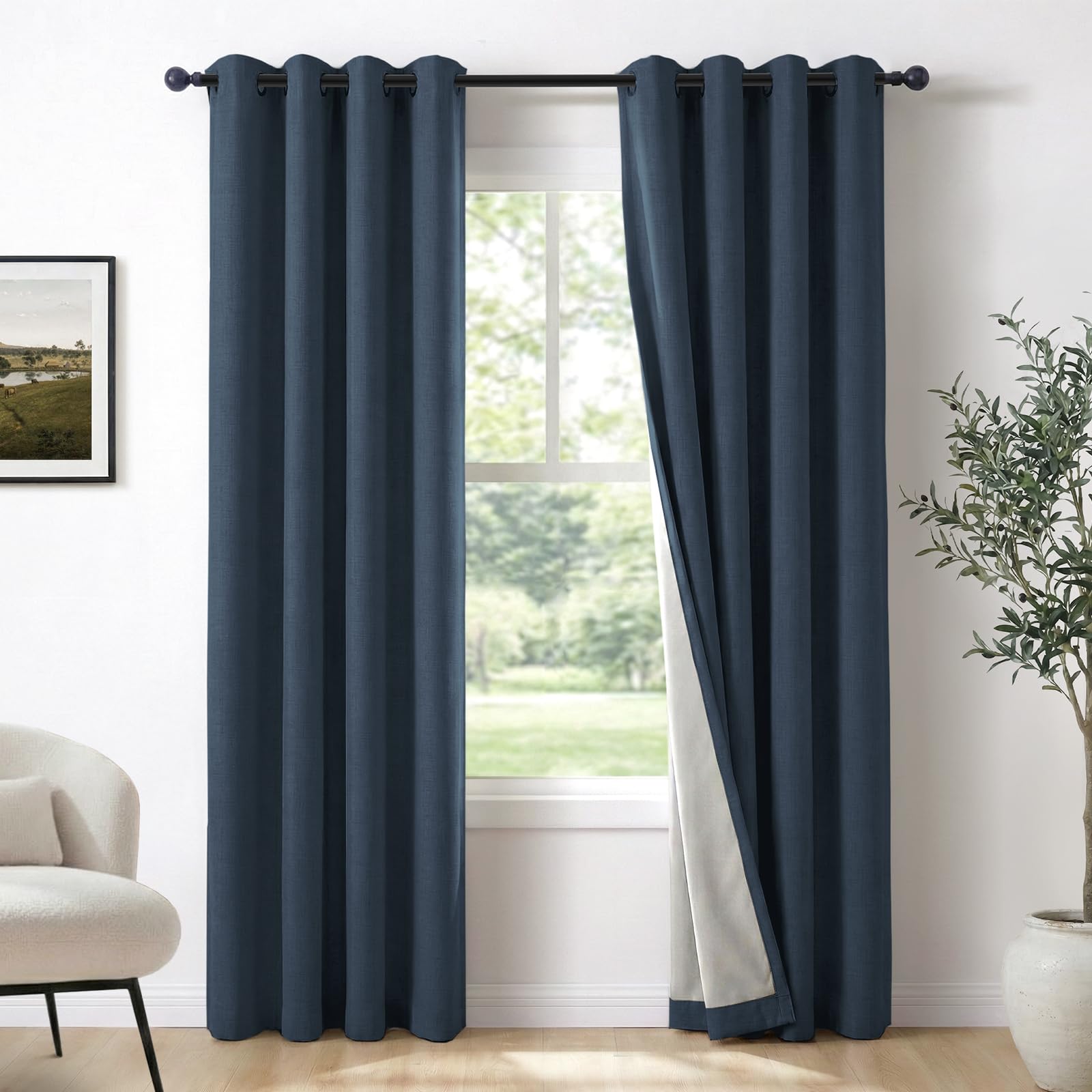 Linen Textured Total Blackout Curtains 72 Inches Long, Navy Blue