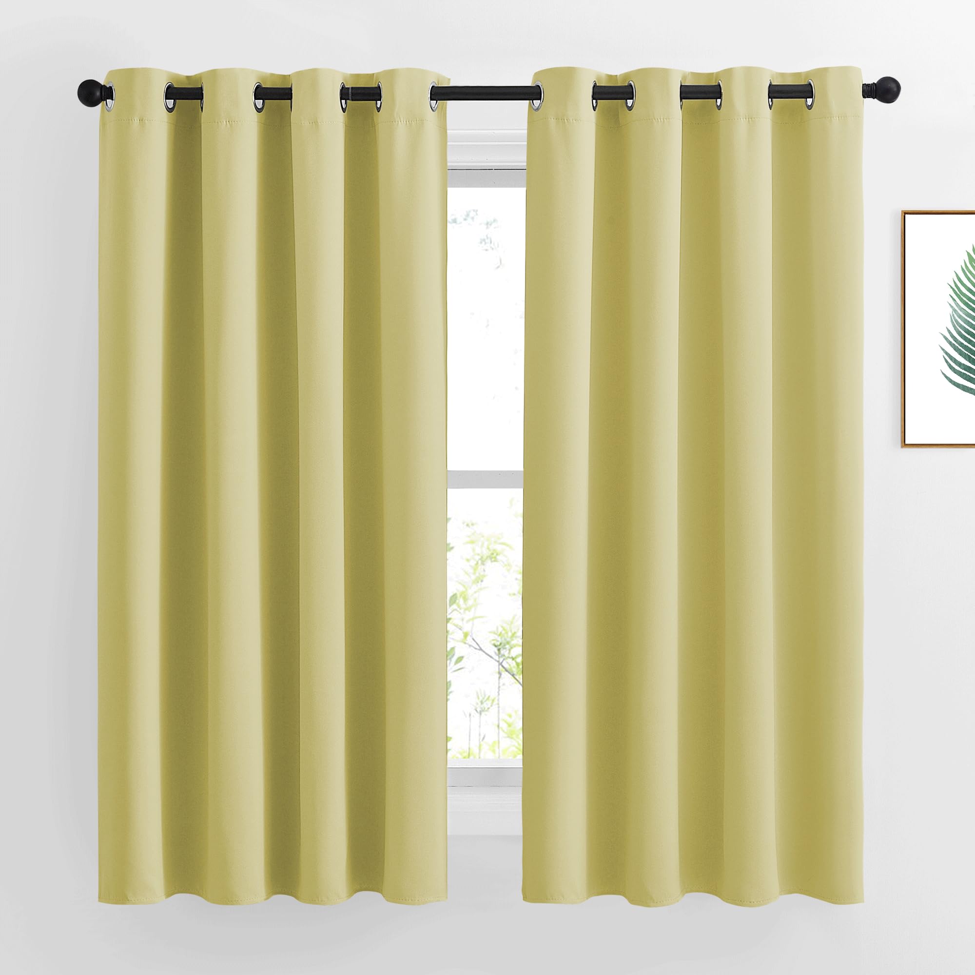 NICETOWN Paler Yellow Room Darkening Curtains 63 inch Length for Kitchen, Grommet Energy Saving Thermal Window Treatments Light Blocking Drapes for Bedroom, 2 Panels, W46 x L63