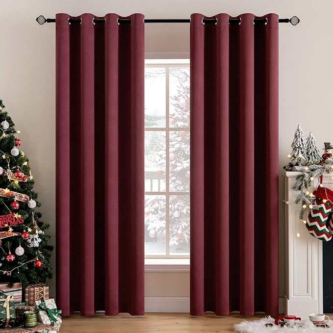 MIULEE Christmas Blackout Curtains 2 Panels, Room Darkening Thermal Insulated Drapes Solid Window Treatment Set Grommet Top Light Blocking Curtain for Living Room/Bedroom 52x84 inch,Wine Red