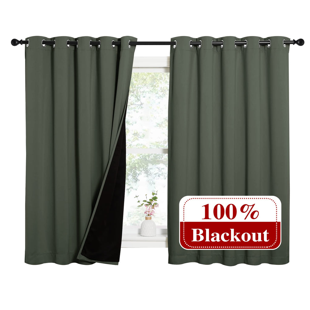 NICETOWN Dark Mallard 100% Blackout Lined Curtains, 2 Thick Layers Completely Blackout Window Treatment Thermal Insulated Drapes for Kitchen/Bedroom (1 Pair, 62" Width x 63" Length Each Panel)