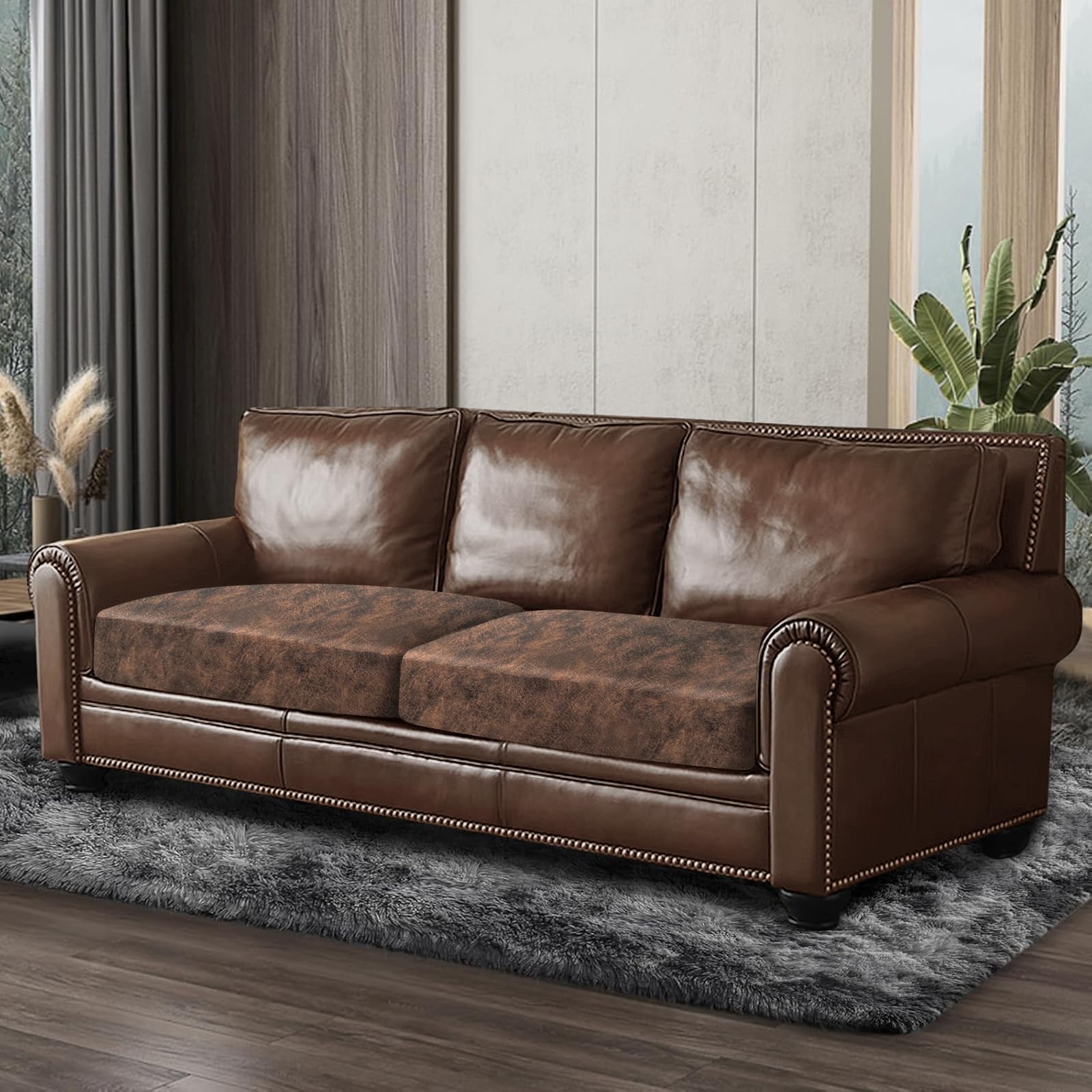 ANARACHON Leather Look Couch Cushion Covers Sofa Seat Slipcovers Sets Couches Furniture Protector for Sectional Armchair Loveseat Pets Kids Stretch Spandex Fabric (2 Cushion Sofa, Dark Brown)