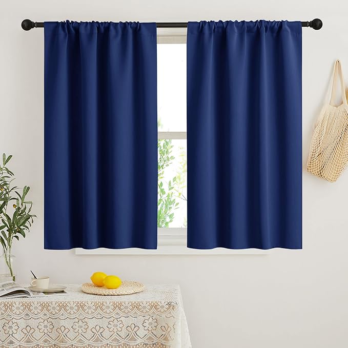 RYB HOME Short Blackout Curtains for Bedroom, Room Darkening Insulated Summer Heat Light UV Blocking Energy Saving Drapes for Nursery, Width 34 by Length 45, Marine Blue, Set of 2