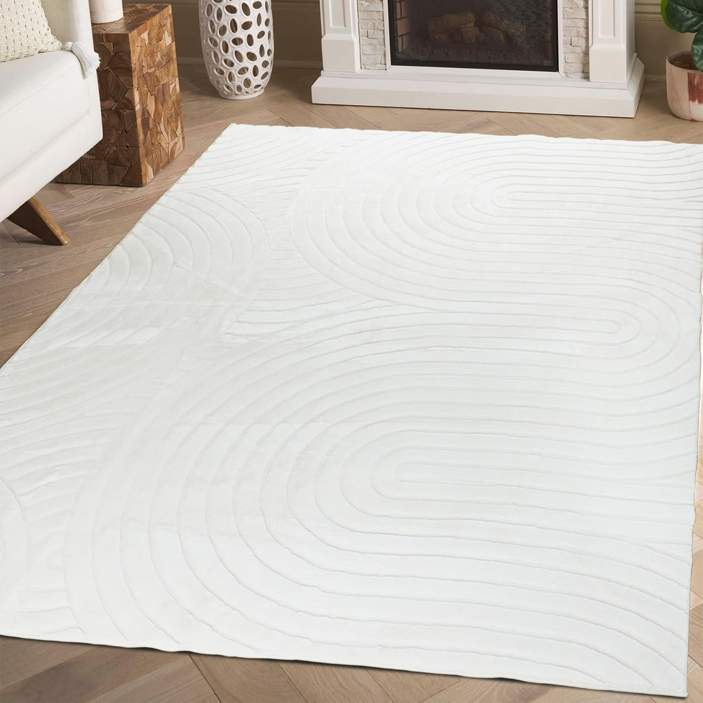 phonzenuo Cream Faux Rabbit 5x7 Fur Rug Faux Sheepskin Rug for Bedroom