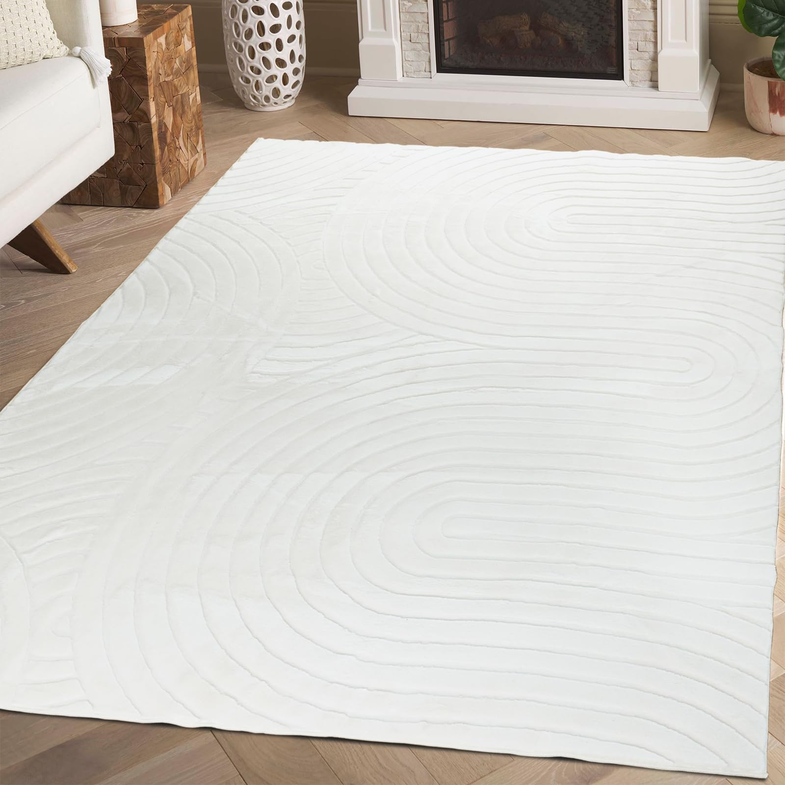 phonzenuo Cream Faux Rabbit 5x7 Fur Rug Faux Sheepskin Rug for Bedroom